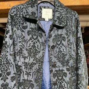 Navy and black brocade jacket with black buttons and pockets, Size small